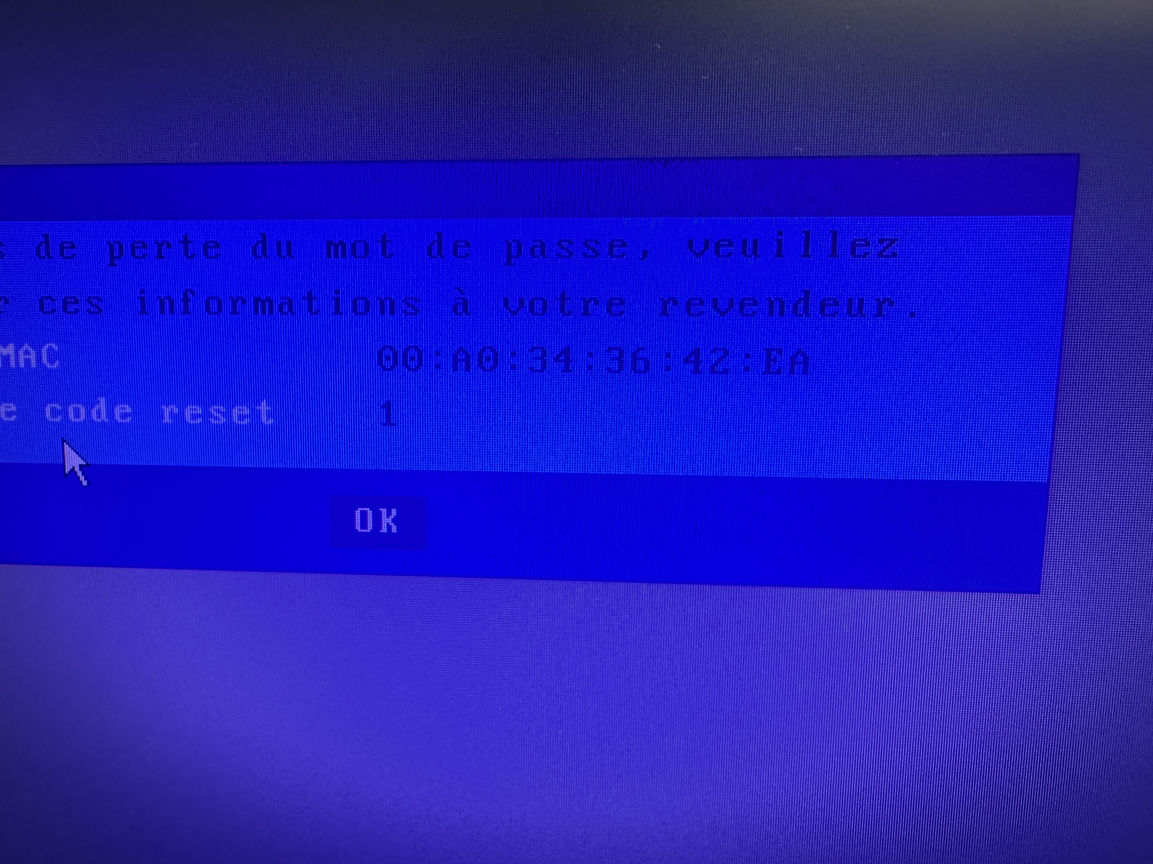 Client leger bloque par perte de mot de passe - adresse MAC et code reset affiches au CH Tourcoing