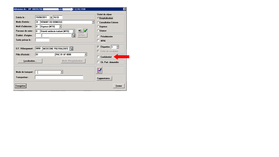 Interface du logiciel Pastel - saisie IPP patient pour gestion des repas au CH Tourcoing