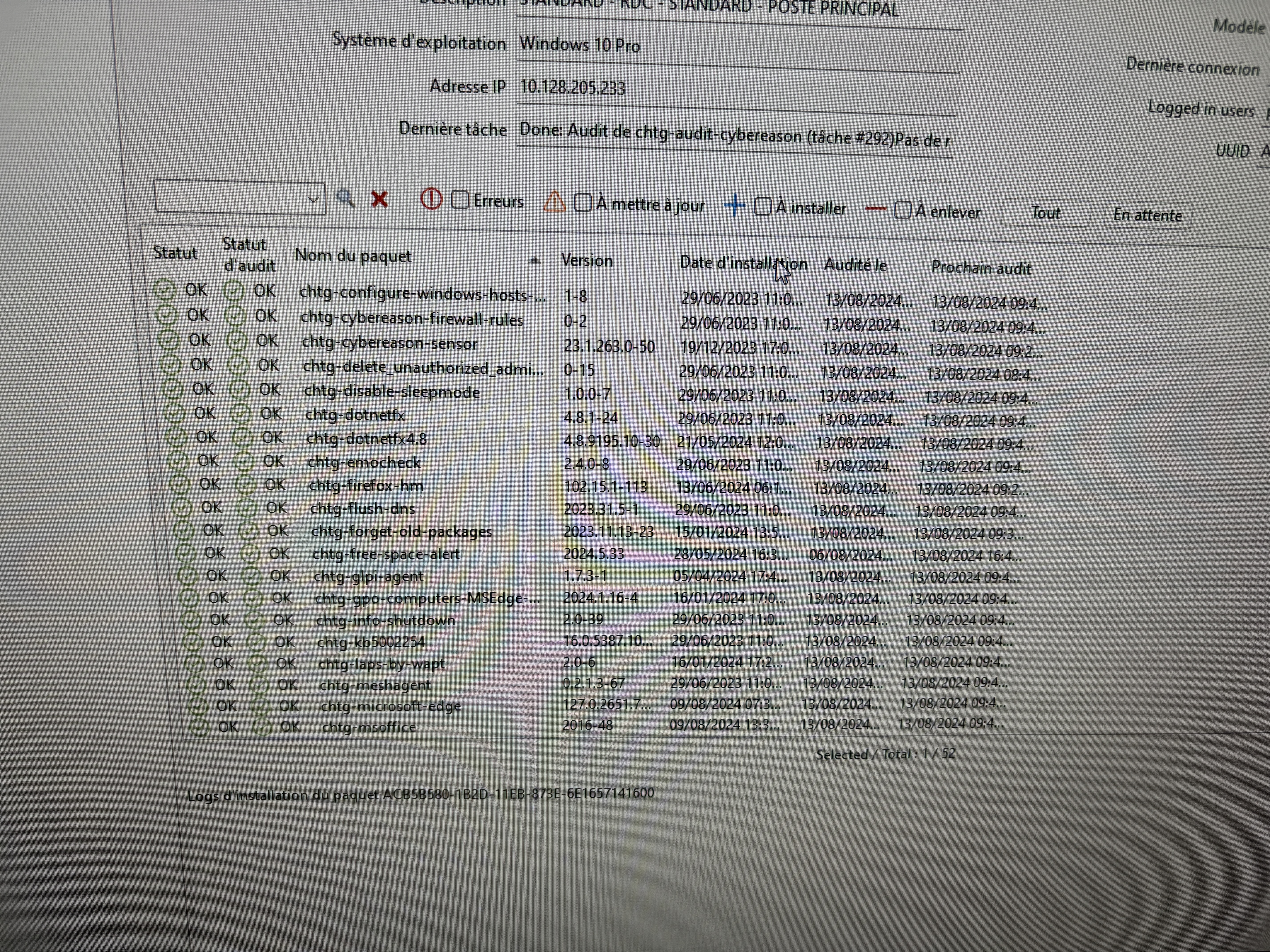 Interface WAPT au CH Tourcoing - liste des paquets déployés sur les postes (Firefox, GLPI-agent, Cybereason)