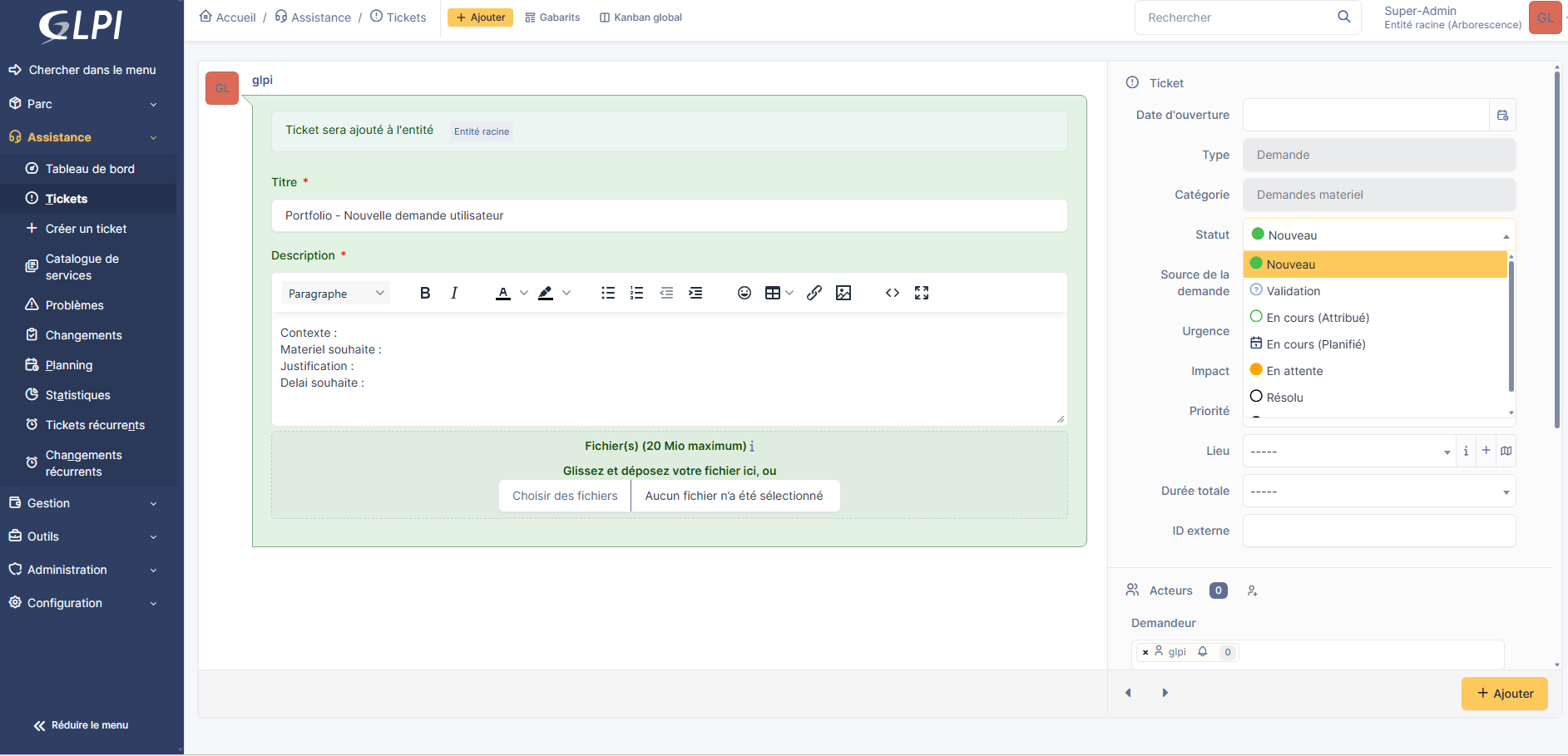 Formulaire GLPI - création d un ticket application
