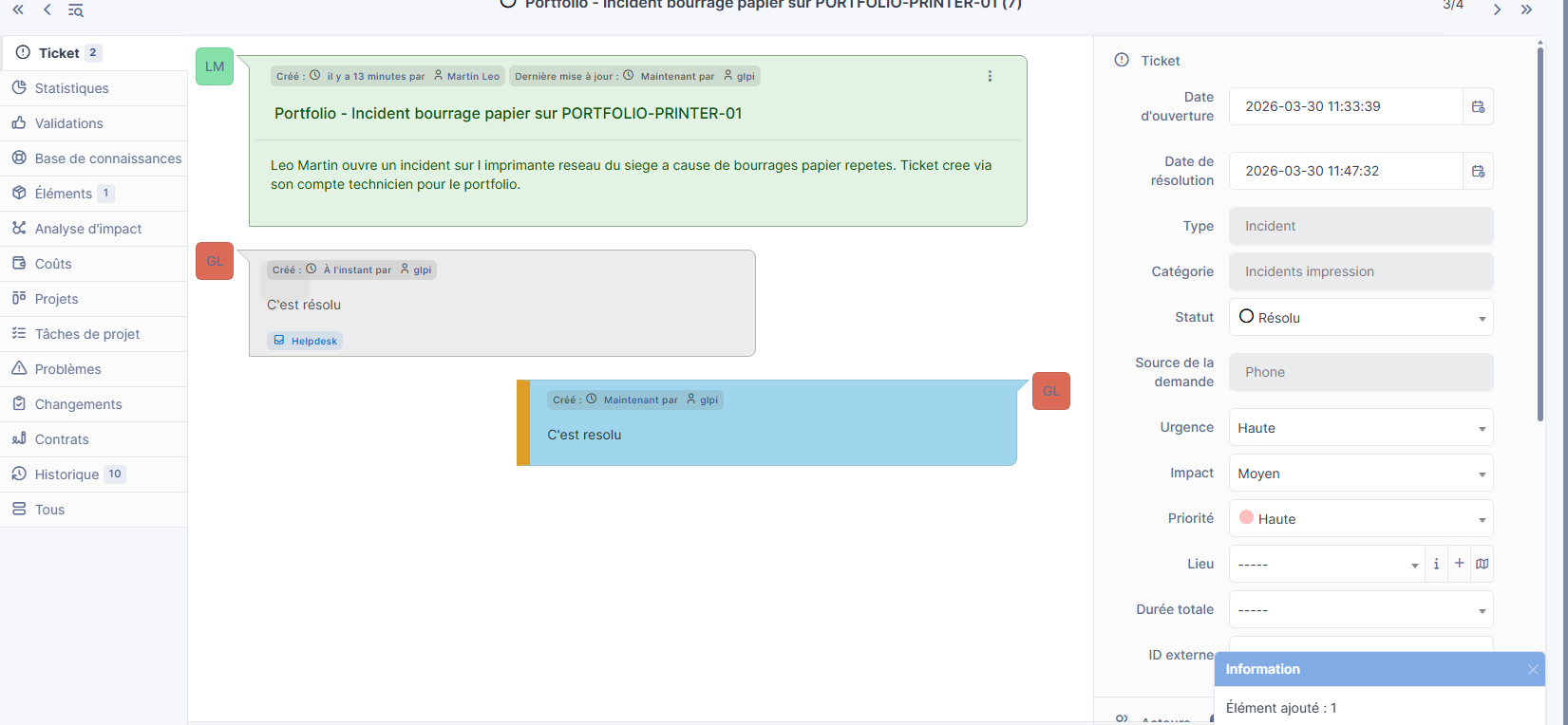Ticket GLPI en cours de traitement avec suivi