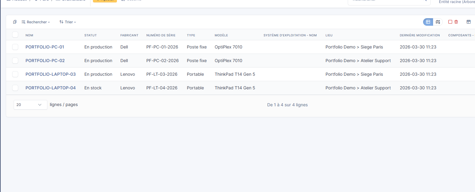 Inventaire des assets - liste des ordinateurs dans GLPI