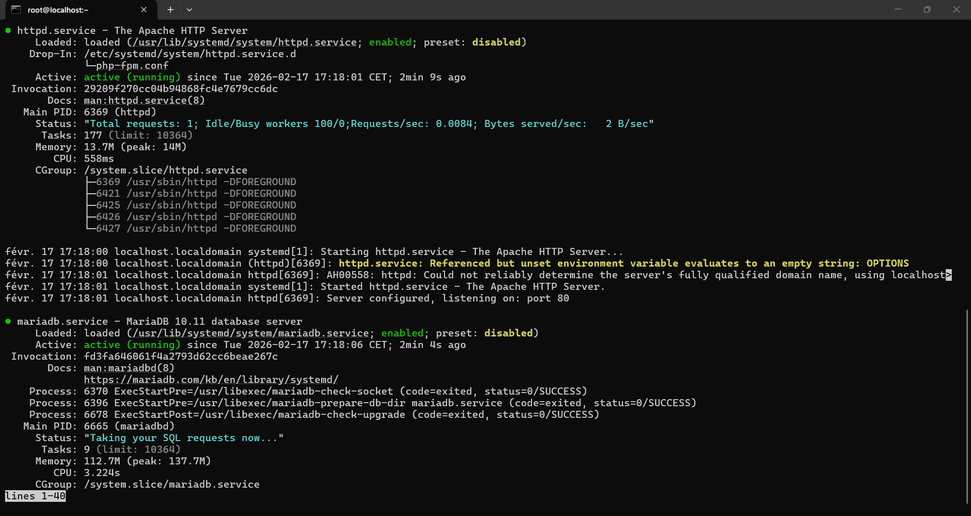 Services Apache et MariaDB actifs sur Rocky Linux