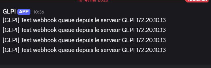 Notifications GLPI recues via webhook Discord