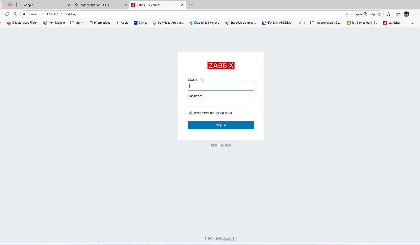 Page de connexion Zabbix