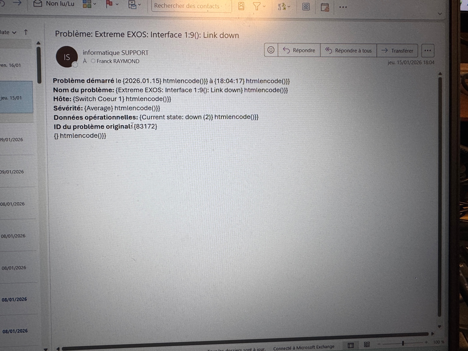 Notification email Zabbix alertant d'un Link Down sur interface switch Extreme EXOS