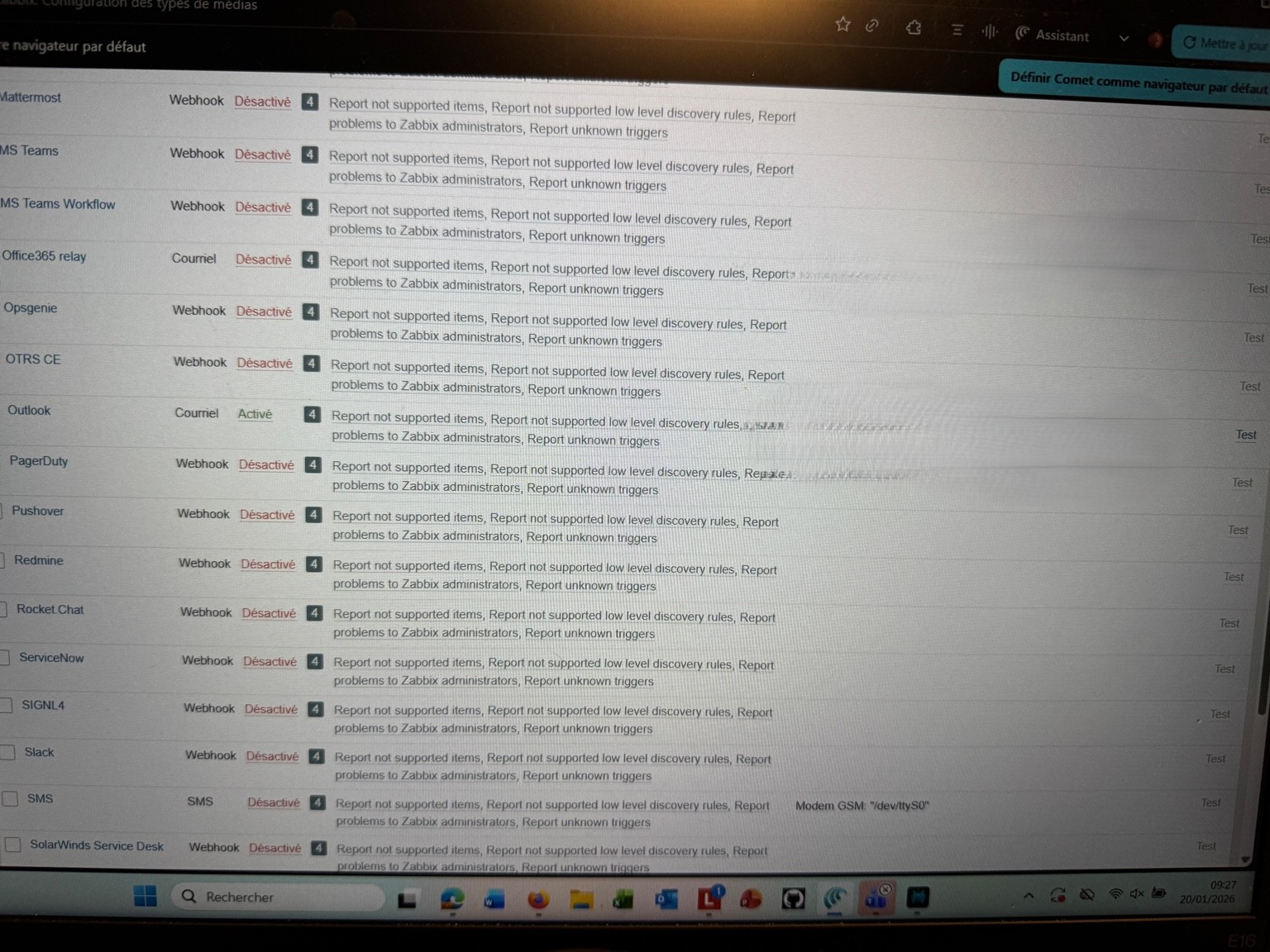Configuration des médias de notification Zabbix : webhooks et email