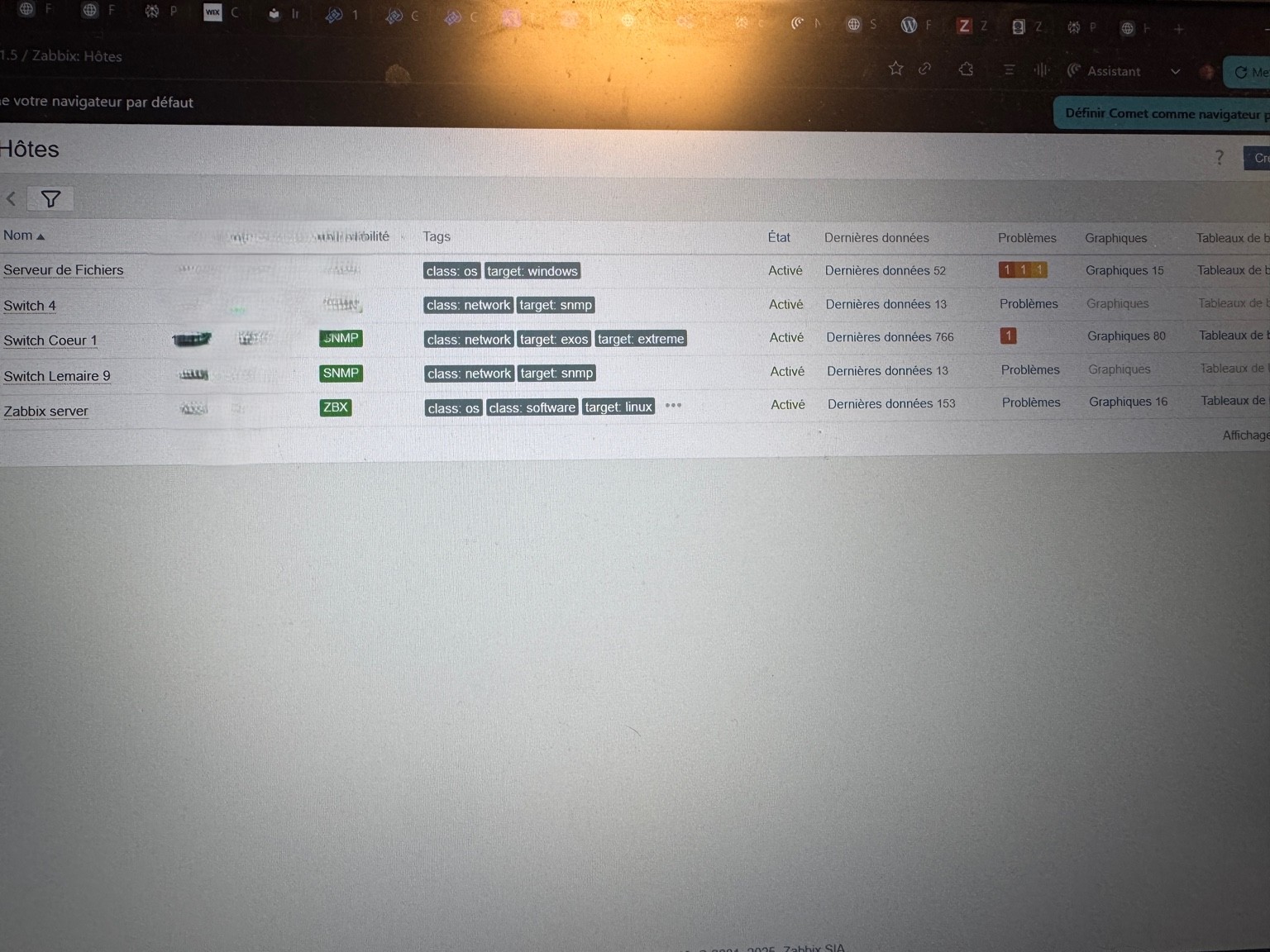 Liste des hôtes supervisés dans Zabbix avec agents Zabbix et SNMP
